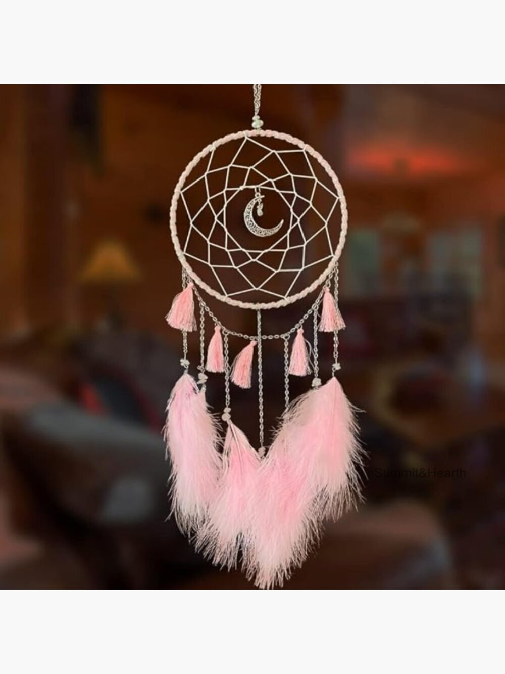 Handmade Moon Dream Catcher Wall Hanging 6 Inch Diameter Metal Ring